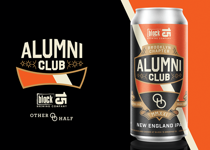 Graphic showing Alumni Club brew can and logo
