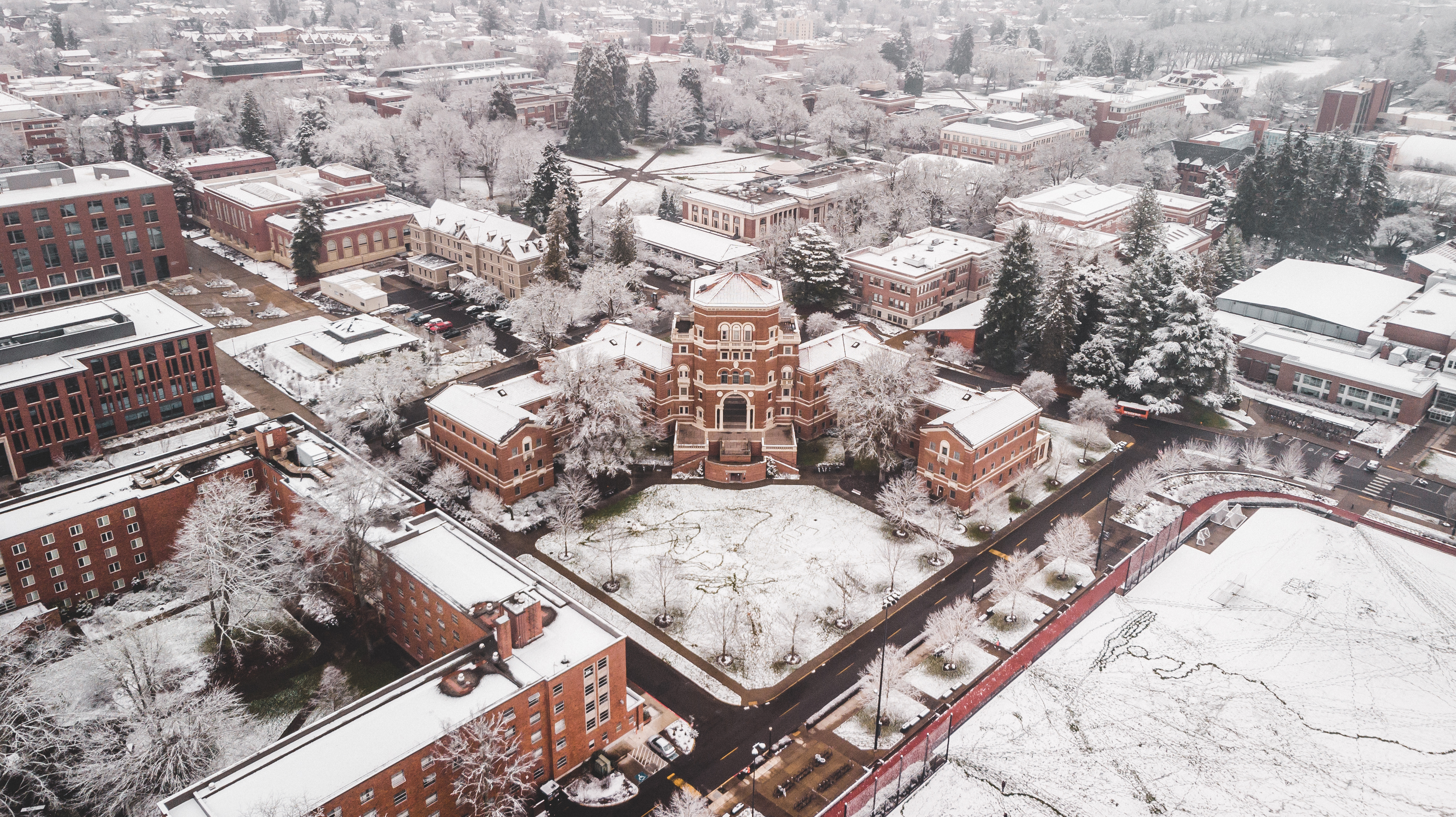 aerial snow image of osu campus 