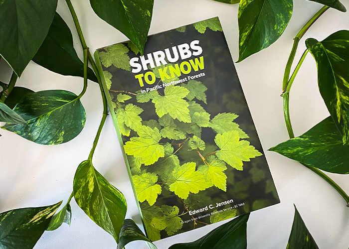 photo of Shrubs to Know book on a white background with pothos leaves