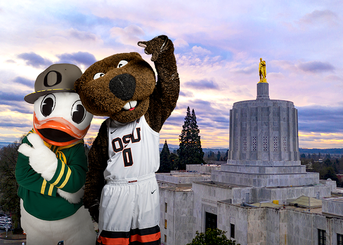 Benny Beaver and the Duck posing superimposed over a photo of the Oregon capitol building in the morning