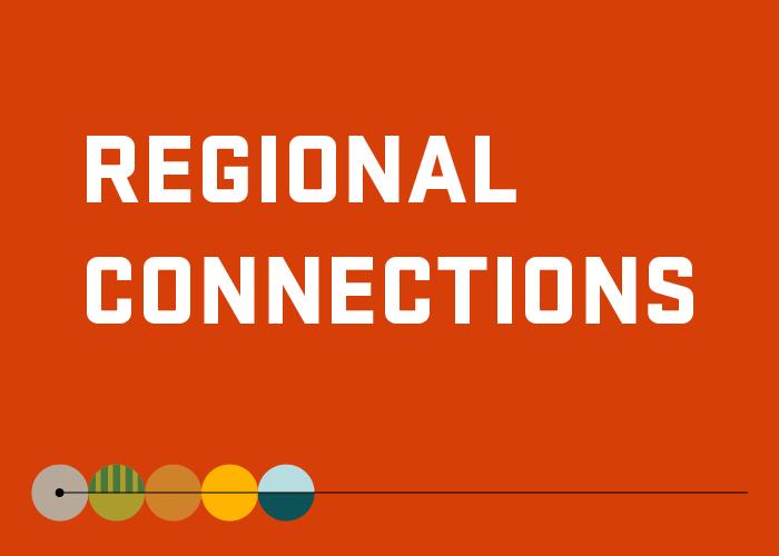 colorblock circle motif in lower left hand corner on large orange background with words "regional connections" in white