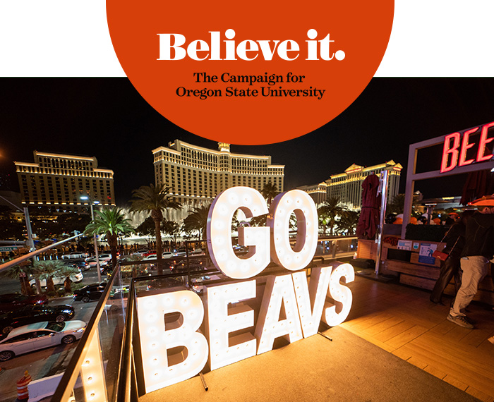 Go Beavs sign in front of the Bellagio in Las Vegas. 